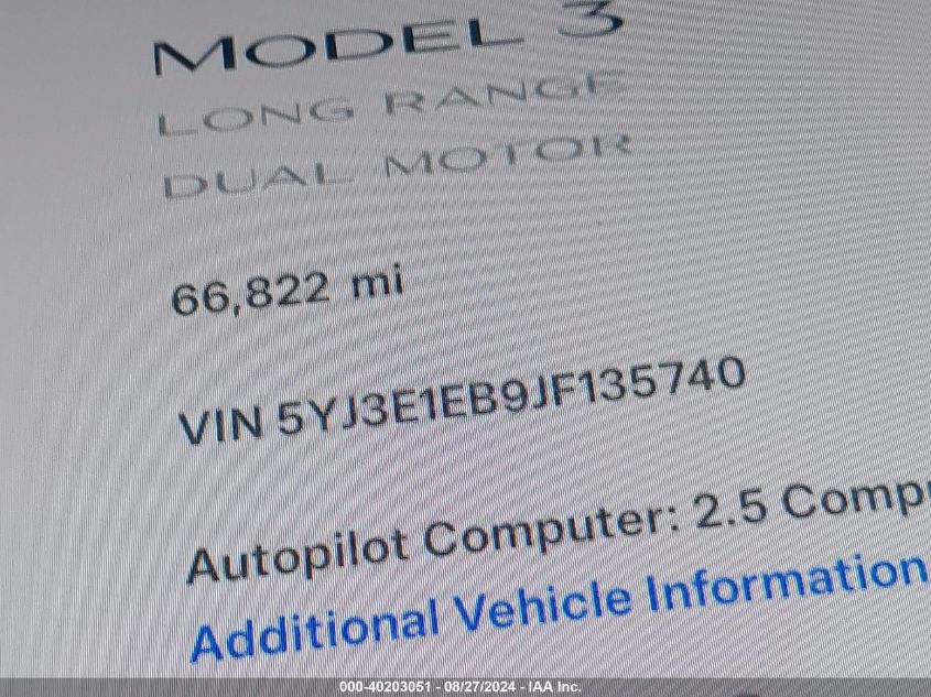 2018 Tesla Model 3 Long Range/Performance VIN: 5YJ3E1EB9JF135740 Lot: 40203051