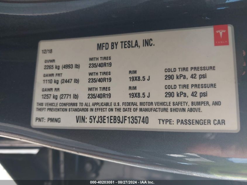 2018 Tesla Model 3 Long Range/Performance VIN: 5YJ3E1EB9JF135740 Lot: 40203051