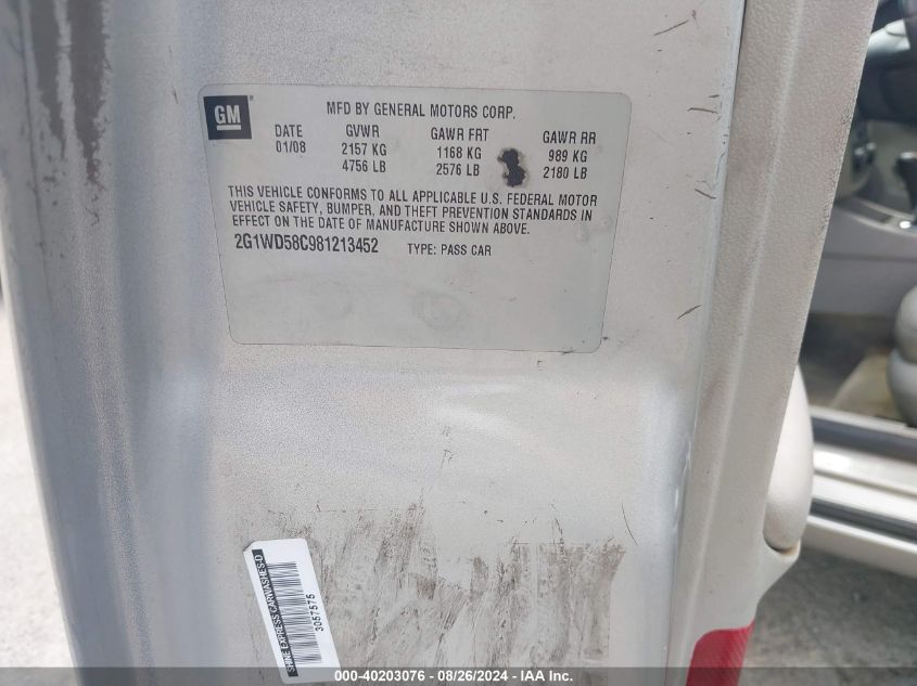 2008 Chevrolet Impala Ss VIN: 2G1WD58C981213452 Lot: 40203076