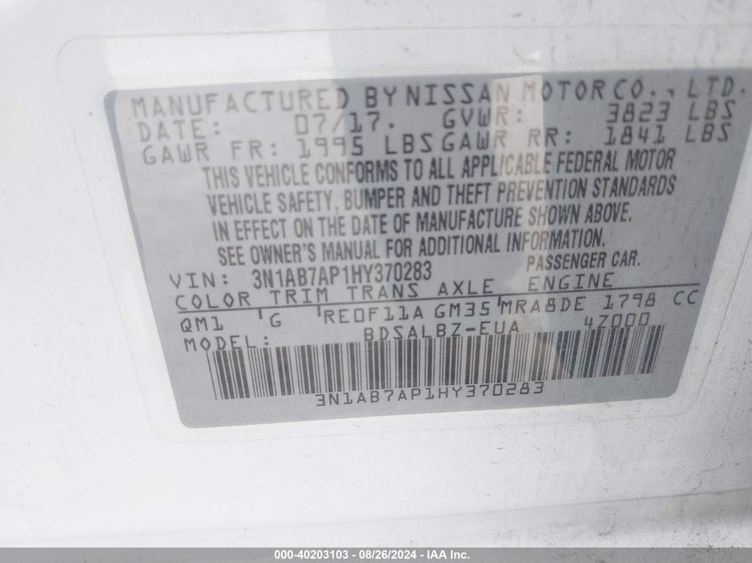 2017 Nissan Sentra S VIN: 3N1AB7AP1HY370283 Lot: 40203103