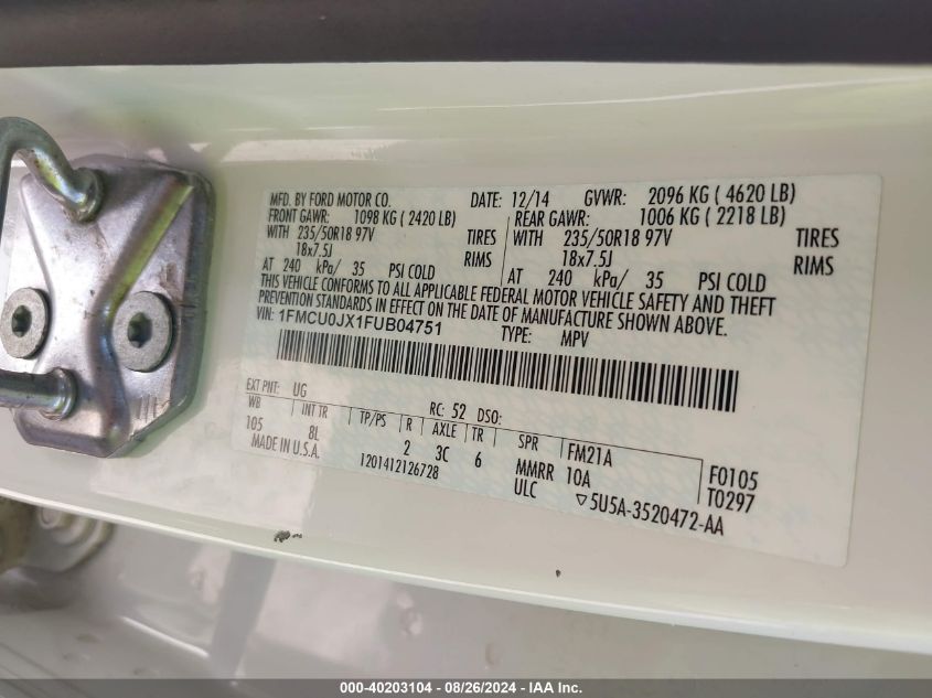 2015 Ford Escape Titanium VIN: 1FMCU0JX1FUB04751 Lot: 40203104