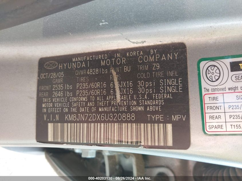 2006 Hyundai Tucson Gls/Limited VIN: KM8JN72DX6U320888 Lot: 40203130