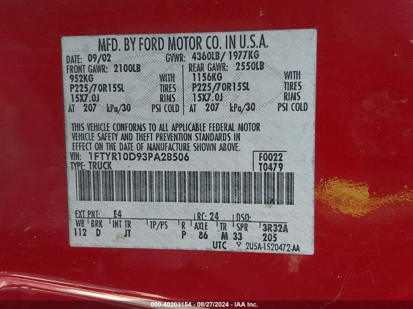 2003 Ford Ranger Xl/Xlt VIN: 1FTYR10D93PA28506 Lot: 40203154