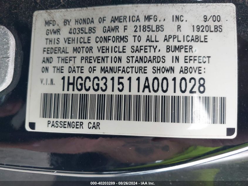 2001 Honda Accord 2.3 Ex VIN: 1HGCG31511A001028 Lot: 40203289