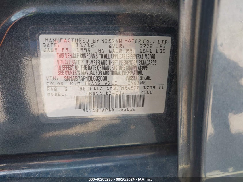 2013 Nissan Sentra Sv VIN: 3N1AB7AP1DL633038 Lot: 40203298