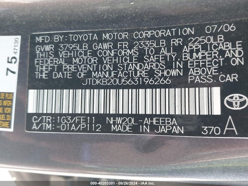 2006 Toyota Prius VIN: JTDKB20U563196266 Lot: 40203301