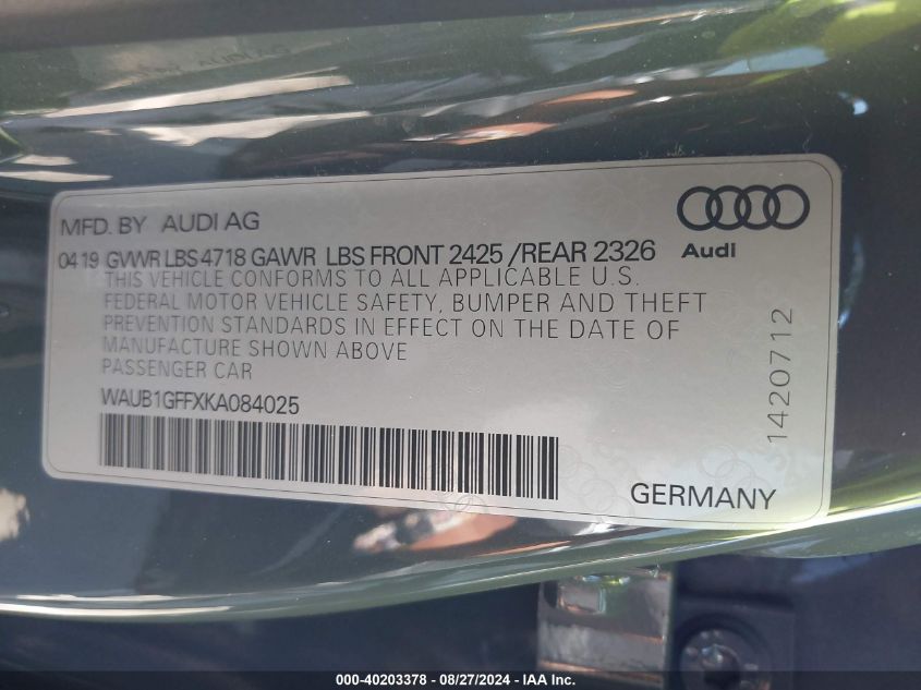 WAUB1GFFXKA084025 2019 Audi S3 2.0T Premium Plus