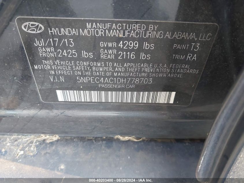 2013 Hyundai Sonata Se VIN: 5NPEC4AC1DH778703 Lot: 40203400