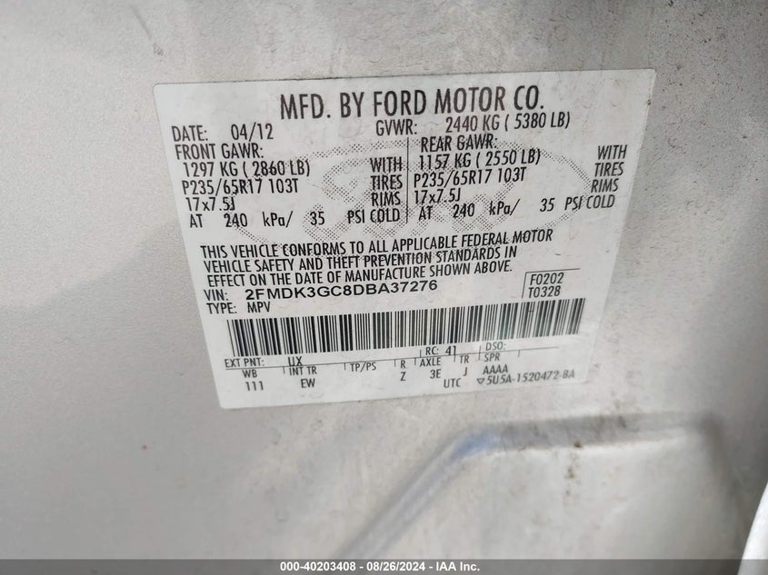 2013 Ford Edge Se VIN: 2FMDK3GC8DBA37276 Lot: 40203408