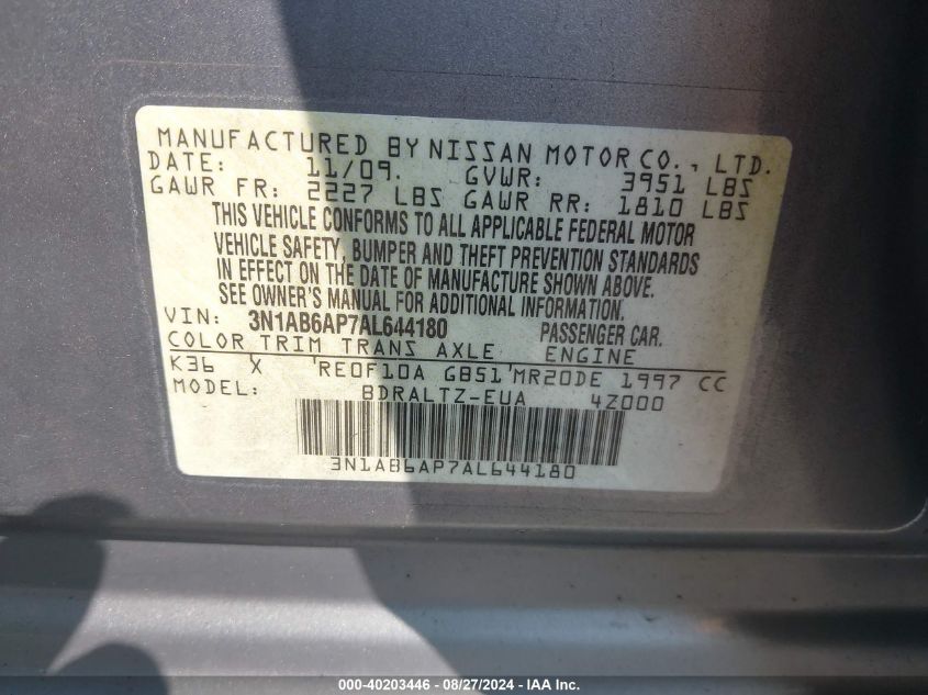 2010 Nissan Sentra 2.0S VIN: 3N1AB6AP7AL644180 Lot: 40203446