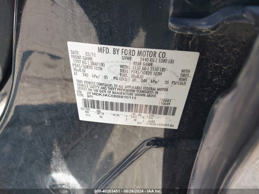 2011 Ford Edge Limited VIN: 2FMDK3KC0BBB10113 Lot: 40203451