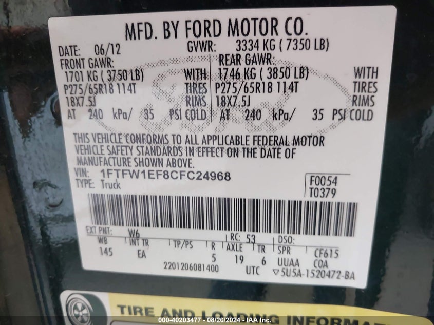 2012 Ford F-150 Lariat VIN: 1FTFW1EF8CFC24968 Lot: 40203477