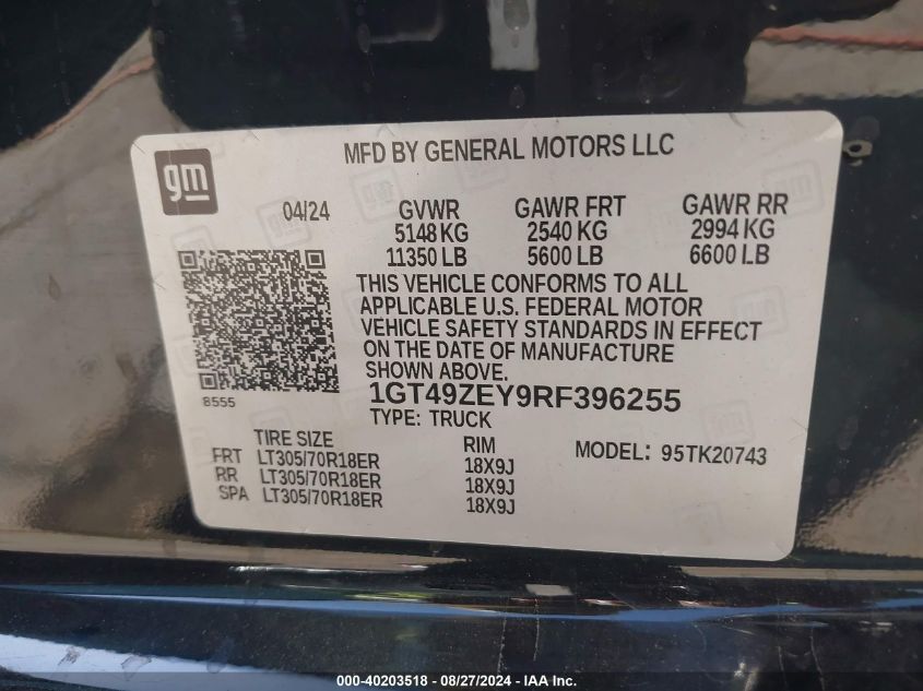 2024 GMC Sierra 2500Hd 4Wd Standard Bed At4X VIN: 1GT49ZEY9RF396255 Lot: 40203518