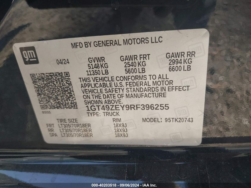 2024 GMC Sierra 2500Hd 4Wd Standard Bed At4X VIN: 1GT49ZEY9RF396255 Lot: 40203518