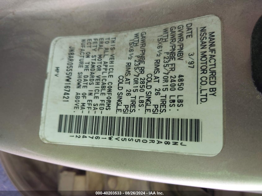 1997 Nissan Pathfinder Le/Xe VIN: JN8AR05S5VW167421 Lot: 40203533