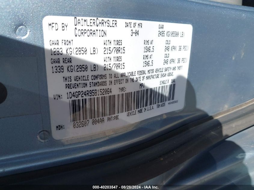 2005 Dodge Grand Caravan Se VIN: 1D4GP24R95B152064 Lot: 40203547