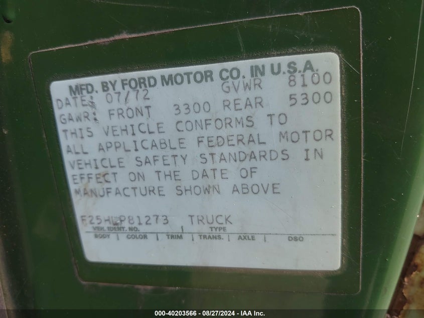 1972 Ford F-250 VIN: F25HLP81273 Lot: 40203566