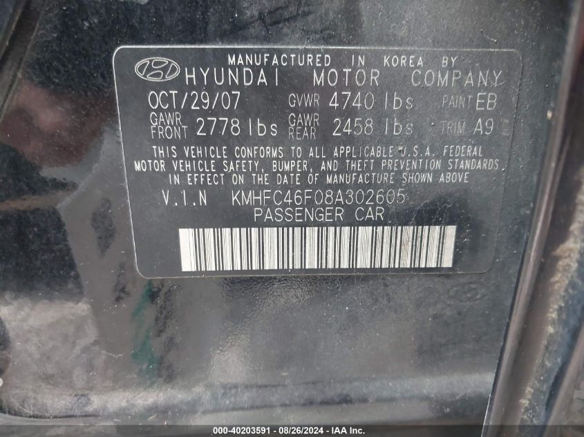 KMHFC46F08A302605 2008 Hyundai Azera Limited