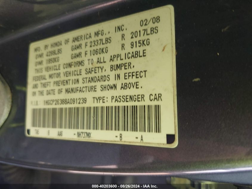 1HGCP26388A091239 2008 Honda Accord 2.4 Lx