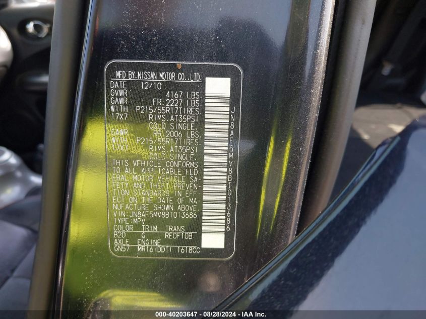 2011 Nissan Juke S/Sv/Sl VIN: JN8AF5MV8BC013686 Lot: 40203647