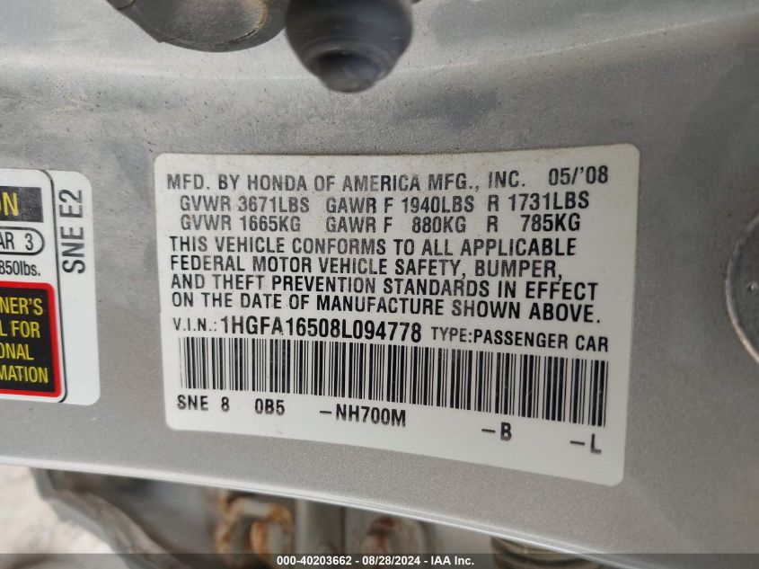 2008 Honda Civic Sdn Lx VIN: 1HGFA16508L094778 Lot: 40203662