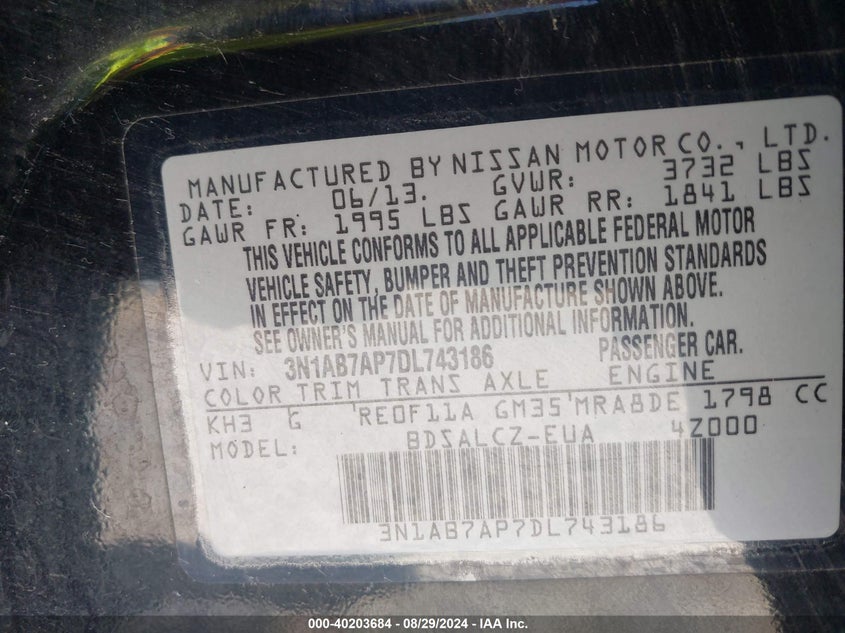 2013 Nissan Sentra S VIN: 3N1AB7AP7DL743186 Lot: 40203684