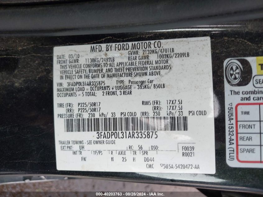 2010 Ford Fusion Hybrid VIN: 3FADP0L31AR335875 Lot: 40203763