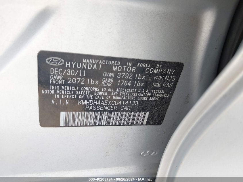 2012 Hyundai Elantra Limited (Ulsan Plant) VIN: KMHDH4AEXCU414133 Lot: 40203794