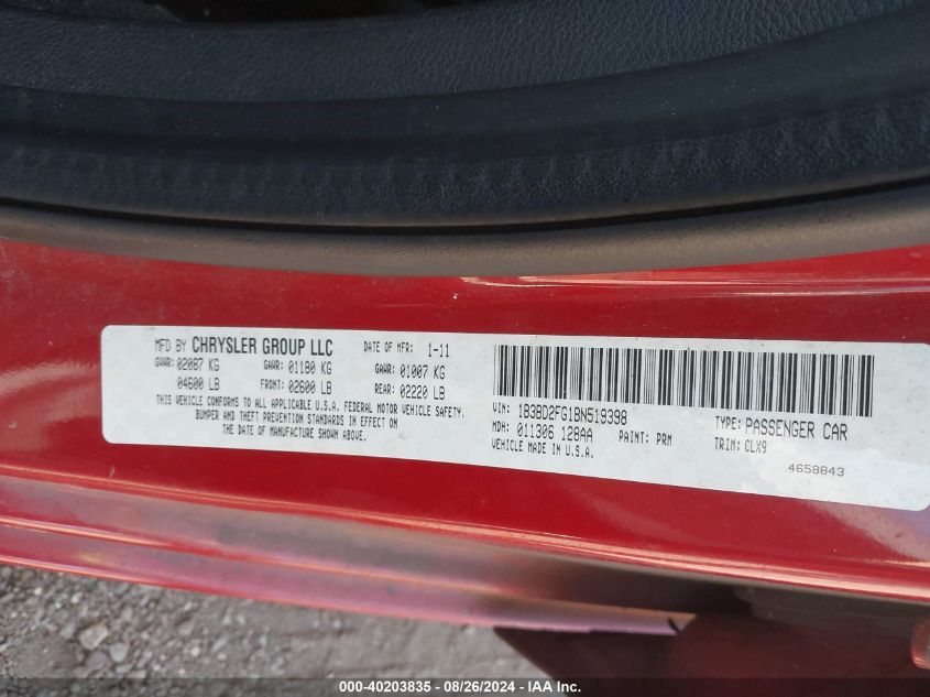 2011 Dodge Avenger Lux VIN: 1B3BD2FG1BN519398 Lot: 40203835