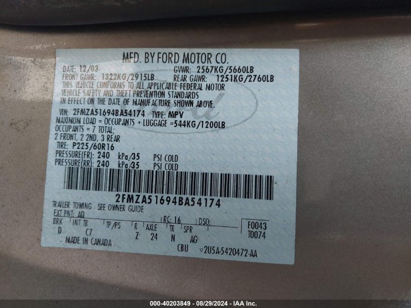 2004 Ford Freestar Se VIN: 2FMZA51694BA54174 Lot: 40203849
