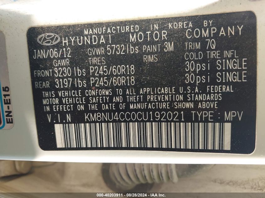 2012 Hyundai Veracruz Limited VIN: KM8NU4CC0CU192021 Lot: 40203911