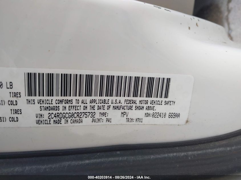 2012 Dodge Grand Caravan Sxt VIN: 2C4RDGCG0CR275732 Lot: 40203914