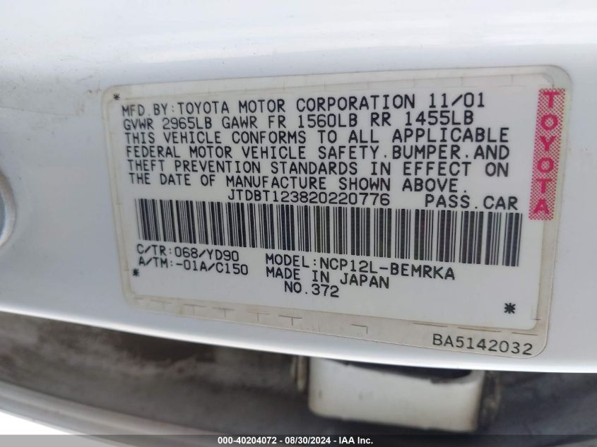 2002 Toyota Echo VIN: JTDBT123820220776 Lot: 40204072