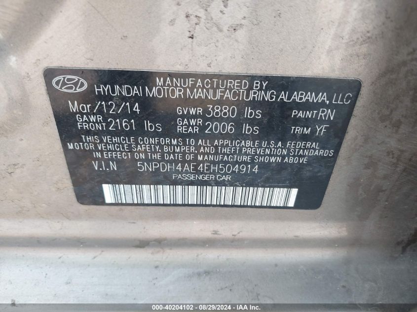 2014 Hyundai Elantra Se VIN: 5NPDH4AE4EH504914 Lot: 40204102