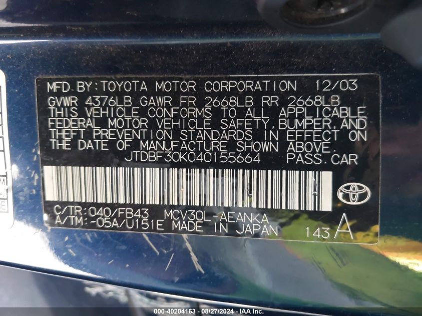 JTDBF30K040155664 2004 Toyota Camry Le V6/Xle V6