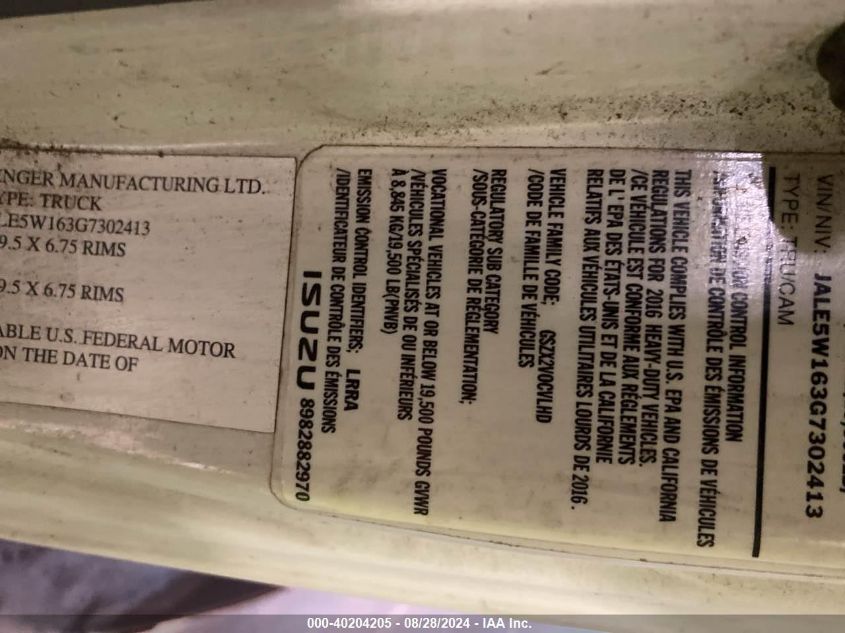 2016 Isuzu Dsl Reg At VIN: JALE5W163G7302413 Lot: 40204205