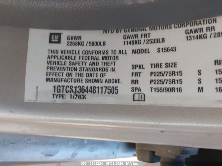 1GTCS136448117505 2004 GMC Canyon Sle