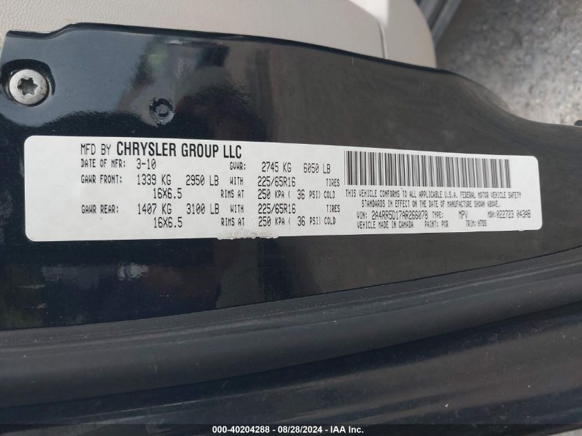 2010 Chrysler Town & Country Touring VIN: 2A4RR5D17AR266078 Lot: 40204288