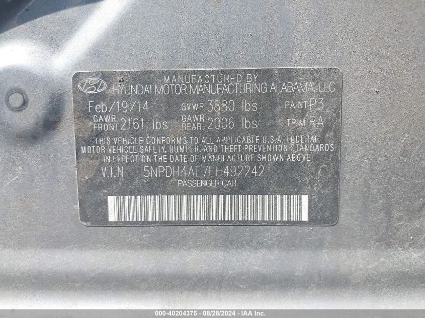 2014 Hyundai Elantra Se VIN: 5NPDH4AE7EH492242 Lot: 40204375