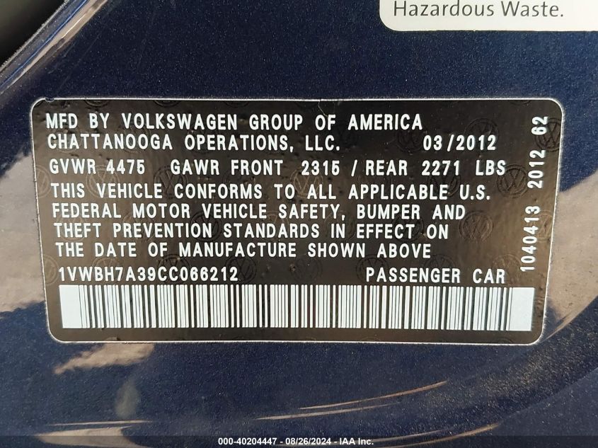 2012 Volkswagen Passat 2.5L Se VIN: 1VWBH7A39CC066212 Lot: 40204447