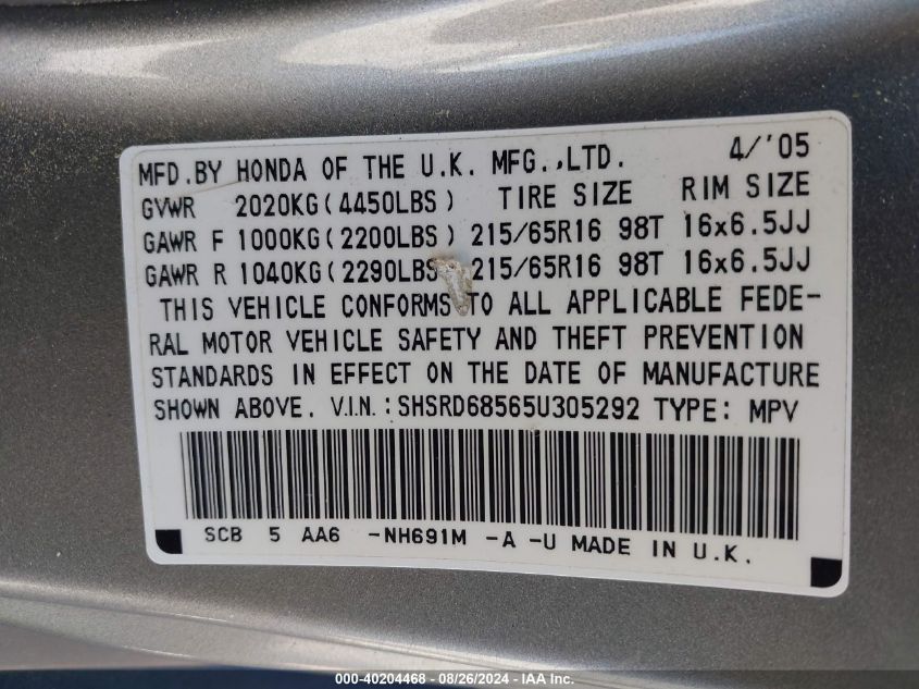 2005 Honda Cr-V Lx VIN: SHSRD68565U305292 Lot: 40204468