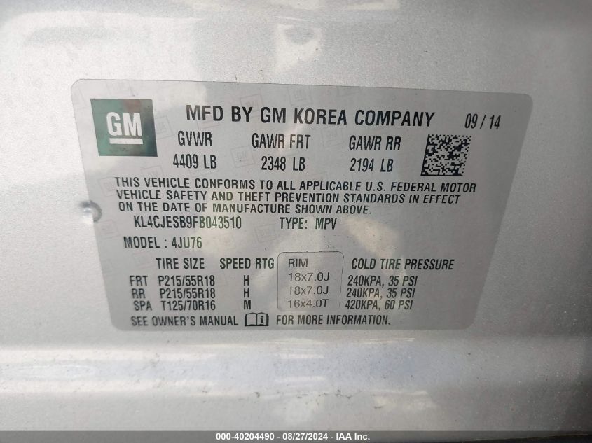 2015 Buick Encore VIN: KL4CJESB9FB043510 Lot: 40204490