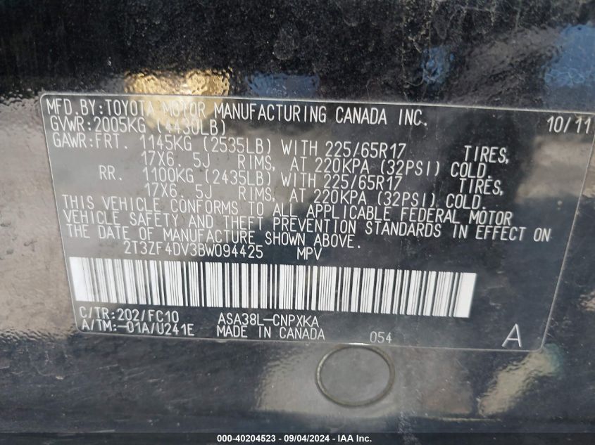 2011 Toyota Rav4 VIN: 2T3ZF4DV3BW094425 Lot: 40204523