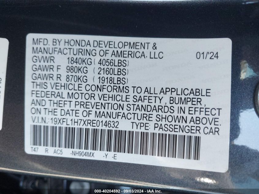 2024 Honda Civic Ex-L VIN: 19XFL1H7XRE014632 Lot: 40204592