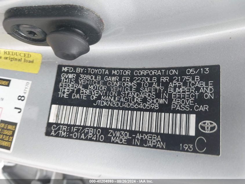 2013 Toyota Prius Two VIN: JTDKN3DU4D5640598 Lot: 40204593