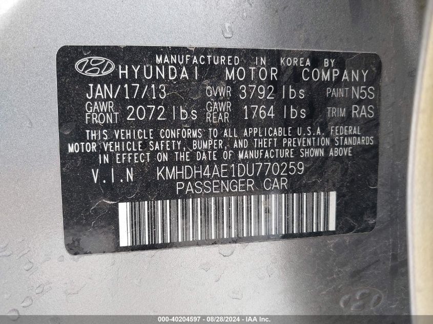 KMHDH4AE1DU770259 2013 Hyundai Elantra Gls