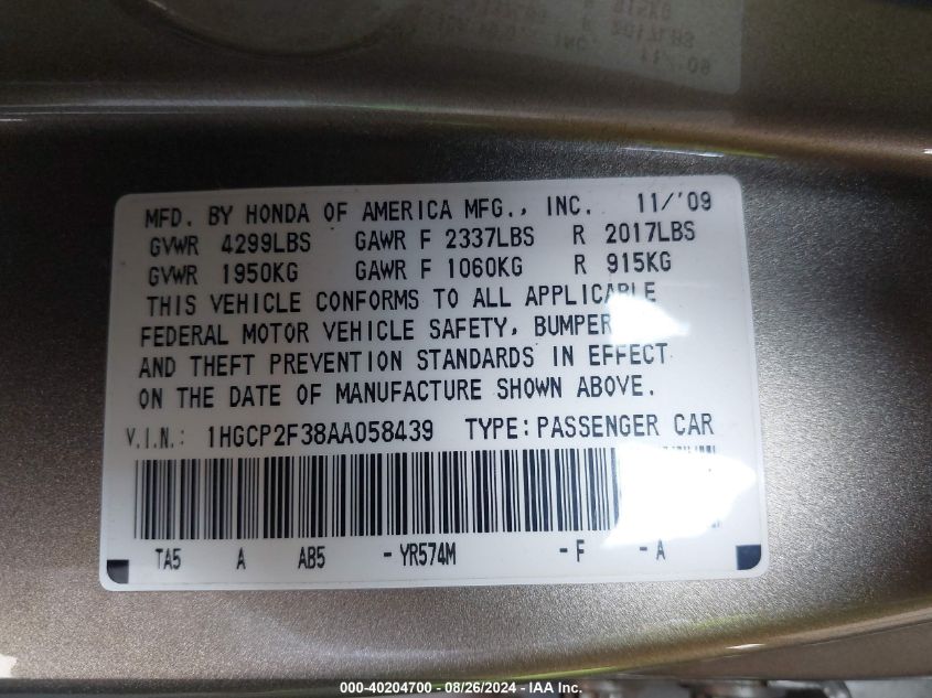 1HGCP2F38AA058439 2010 Honda Accord 2.4 Lx