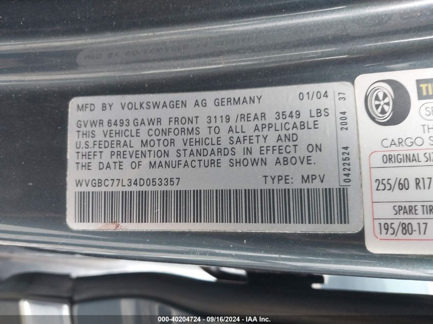 WVGBC77L34D053357 2004 Volkswagen Touareg V6