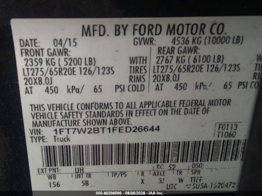 1FT7W2BT1FED26644 2015 Ford F-250 Lariat