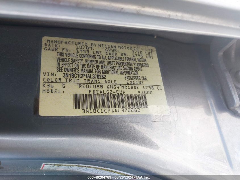 2010 Nissan Versa 1.8Sl VIN: 3N1BC1CP1AL370282 Lot: 40204789